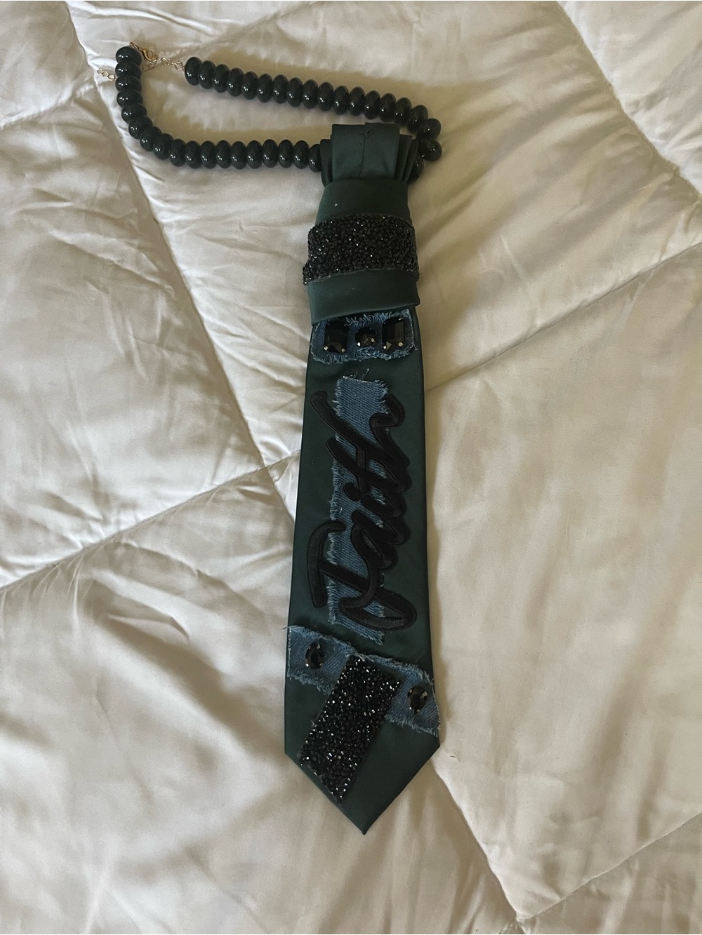 Handmade women Embellished Dark Green Satin Tie Necklace